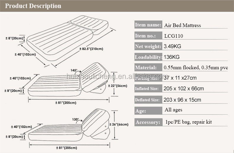Inflatable Flocked Blow Up Outdoor Furniture Double Side Air Bed Mattress 0.35mm